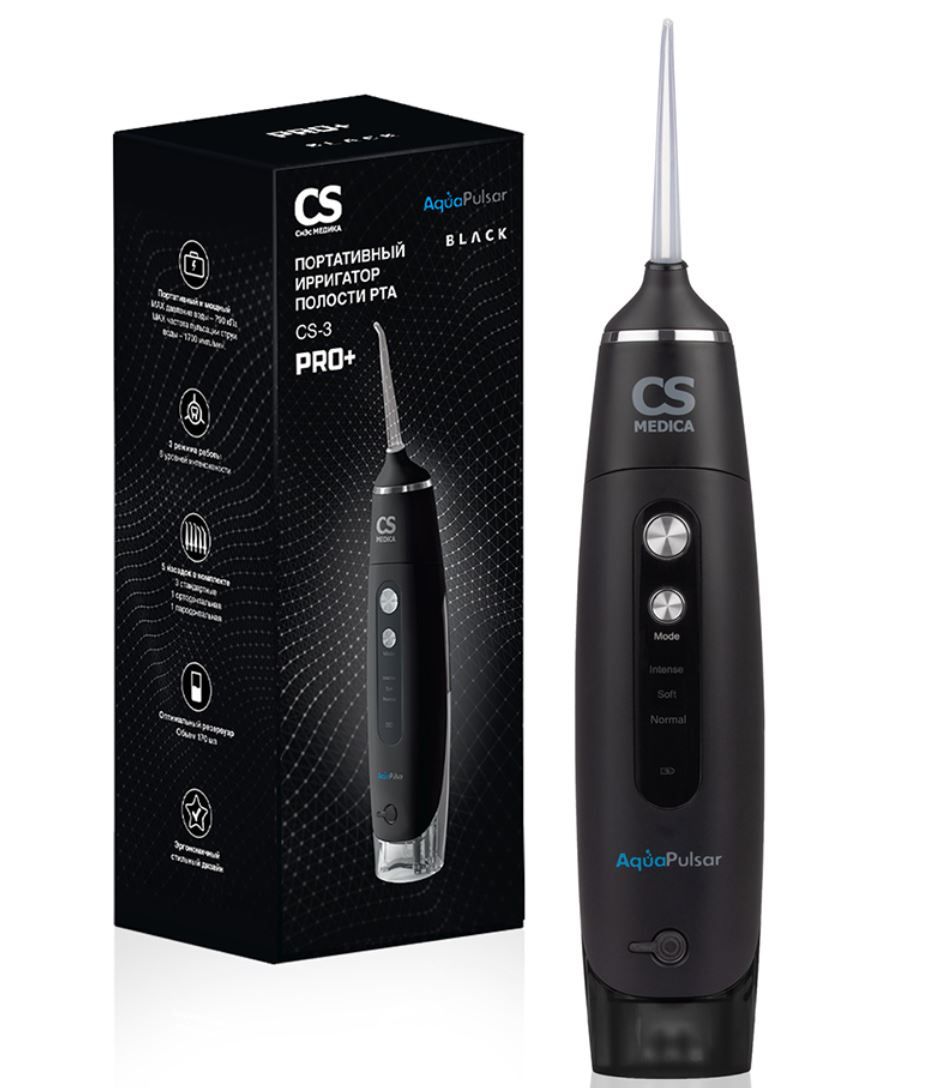 фото упаковки AquaPulsar Ирригатор для полости рта CS Medica CS-3 Pro+, черного цвета, 1 шт. фото упаковки AquaPulsar Ирригатор для полости рта CS Medica CS-3 Pro+